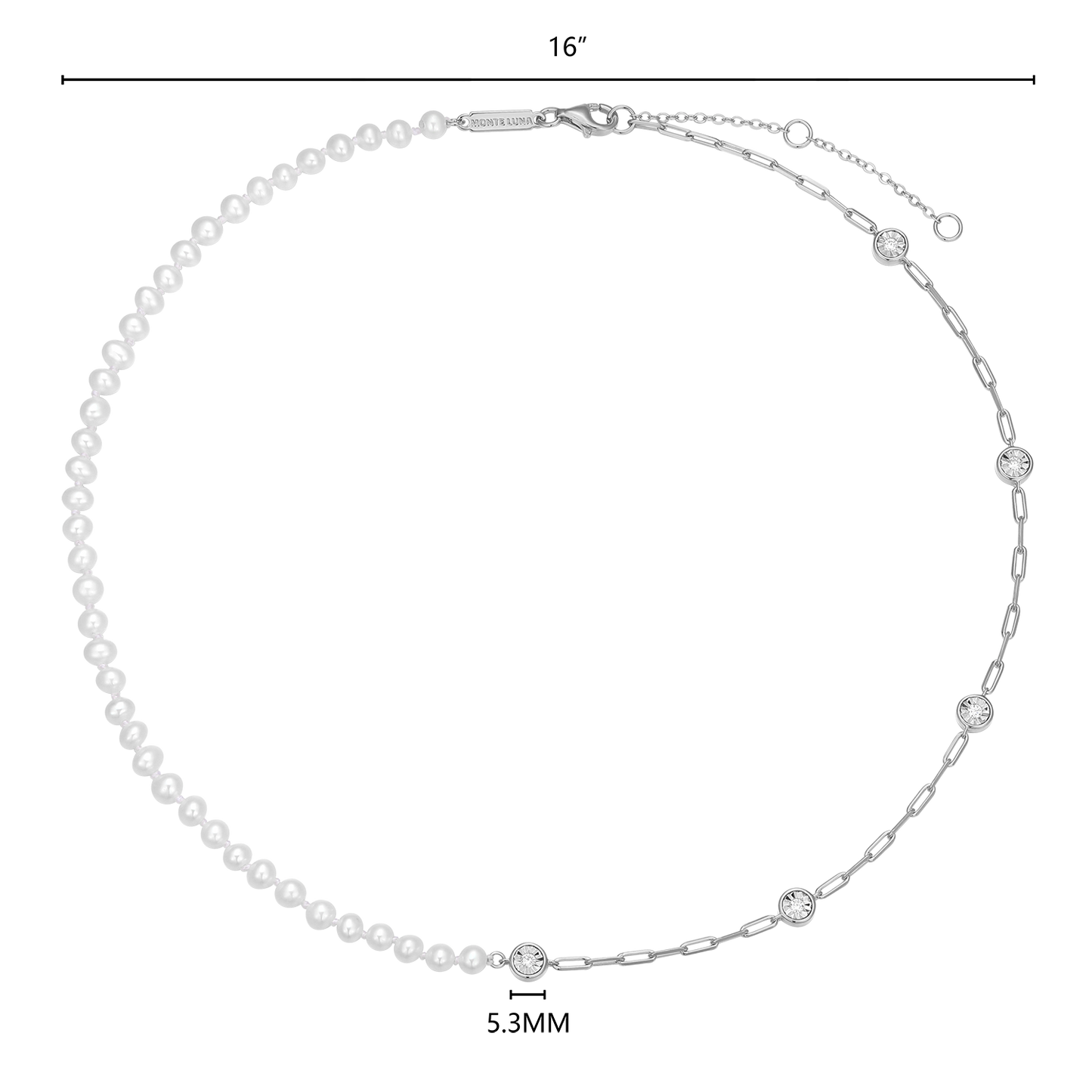 Freshwater Baby Pearl & Lab-Created Diamond Station Paperclip Necklace in Rhodium-Plated Sterling Silver | M by Monte Luna