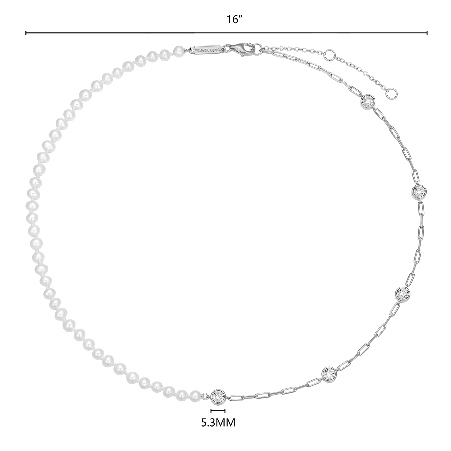 Freshwater Baby Pearl & Lab-Created Diamond Station Paperclip Necklace in Rhodium-Plated Sterling Silver | M by Monte Luna