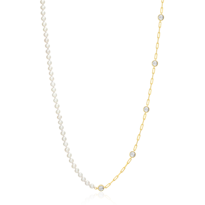 Freshwater Baby Pearl & Lab-Created Diamond Station Paperclip Necklace in 14K Yellow Gold-Plated Sterling Silver | M by Monte Luna