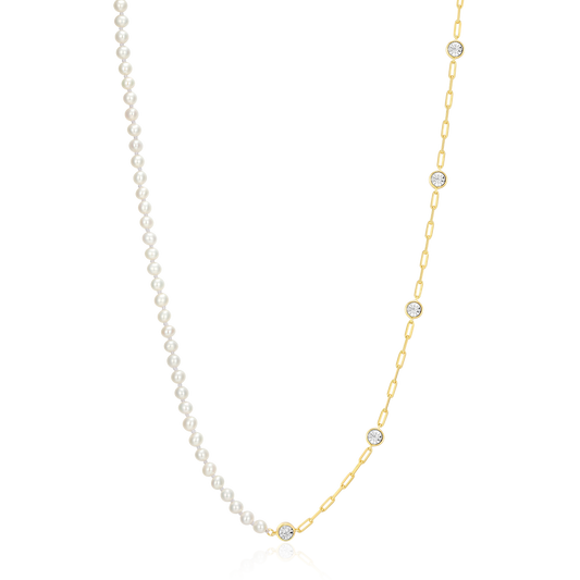 Freshwater Baby Pearl & Lab-Created Diamond Station Paperclip Necklace in 14K Yellow Gold-Plated Sterling Silver | M by Monte Luna