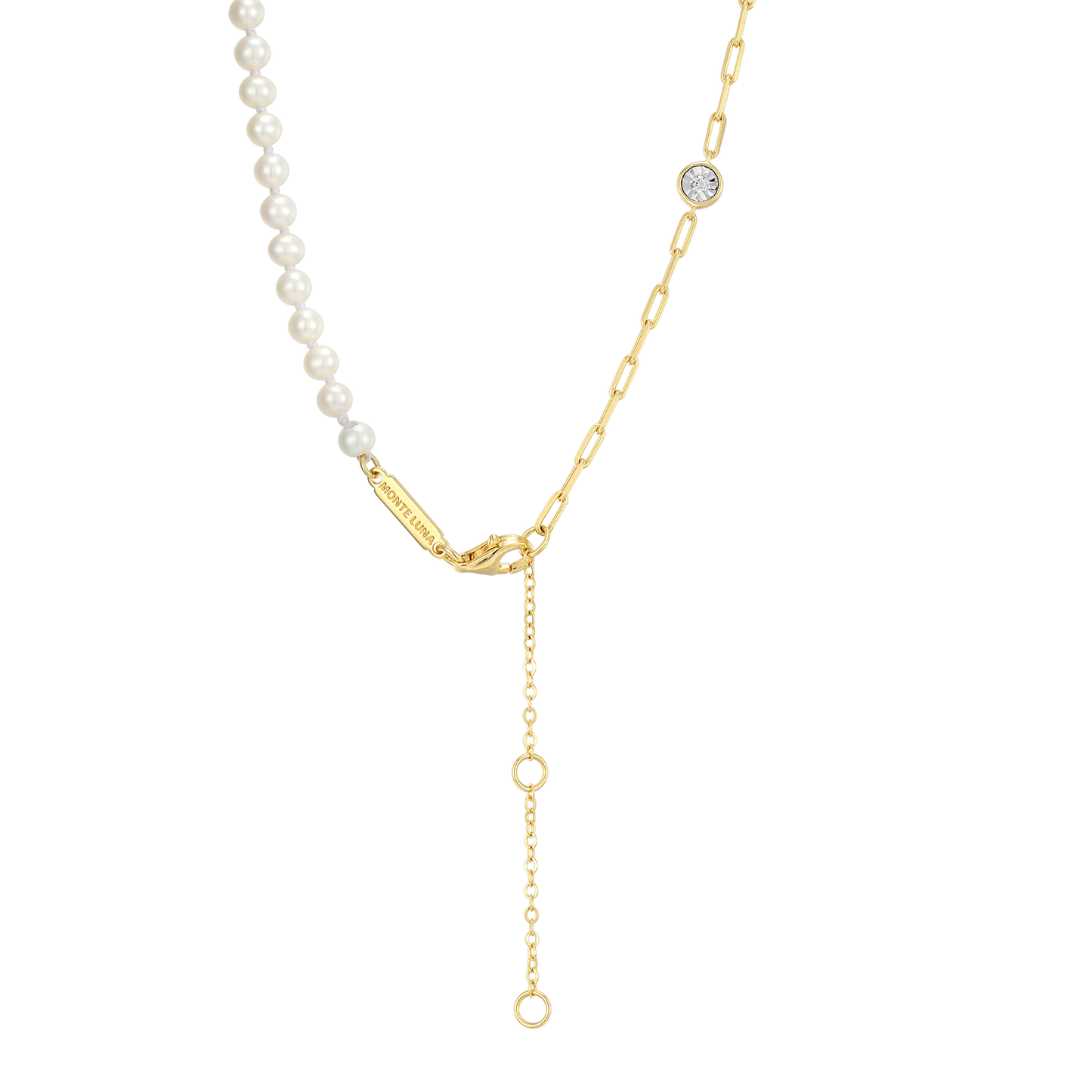 Freshwater Baby Pearl & Lab-Created Diamond Station Paperclip Necklace in 14K Yellow Gold-Plated Sterling Silver | M by Monte Luna