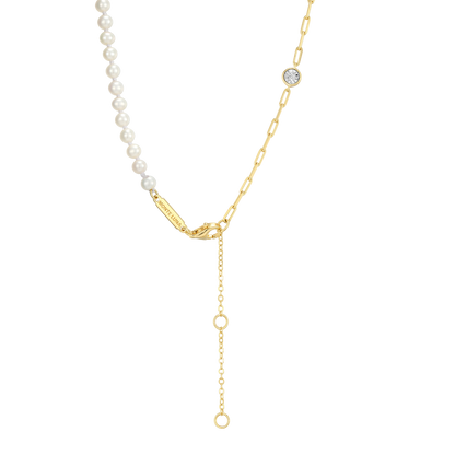 Freshwater Baby Pearl & Lab-Created Diamond Station Paperclip Necklace in 14K Yellow Gold-Plated Sterling Silver | M by Monte Luna