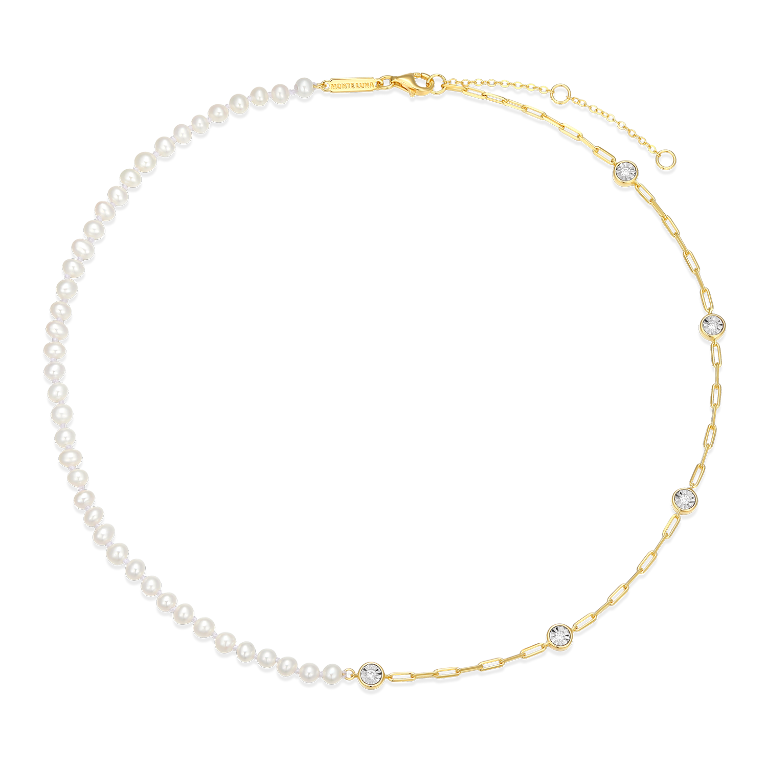 Freshwater Baby Pearl & Lab-Created Diamond Station Paperclip Necklace in 14K Yellow Gold-Plated Sterling Silver | M by Monte Luna