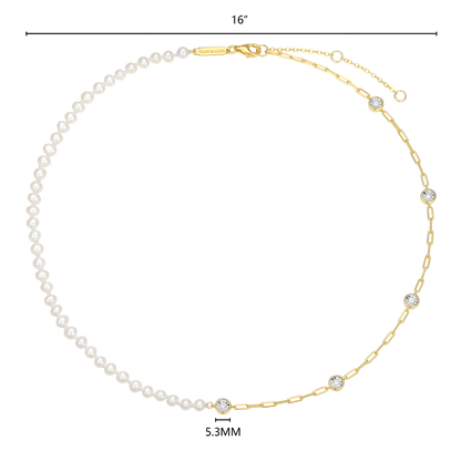 Freshwater Baby Pearl & Lab-Created Diamond Station Paperclip Necklace in 14K Yellow Gold-Plated Sterling Silver | M by Monte Luna