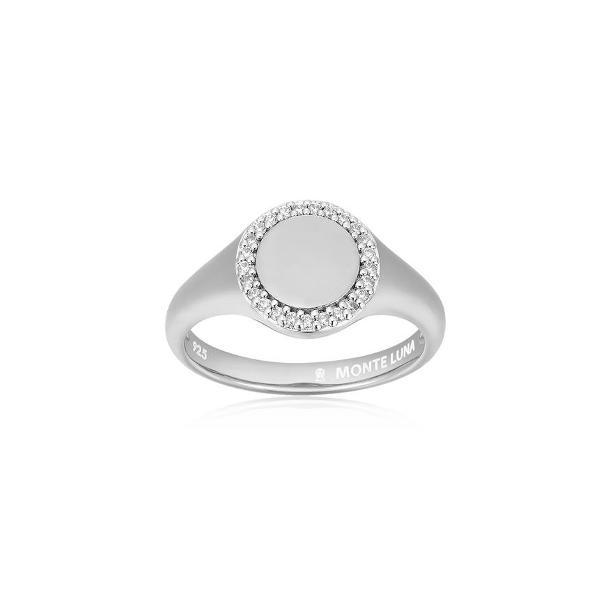 Lab-Created Diamond Pave-Framed Signet Ring in Rhodium-Plated Sterling Silver | M by Monte Luna