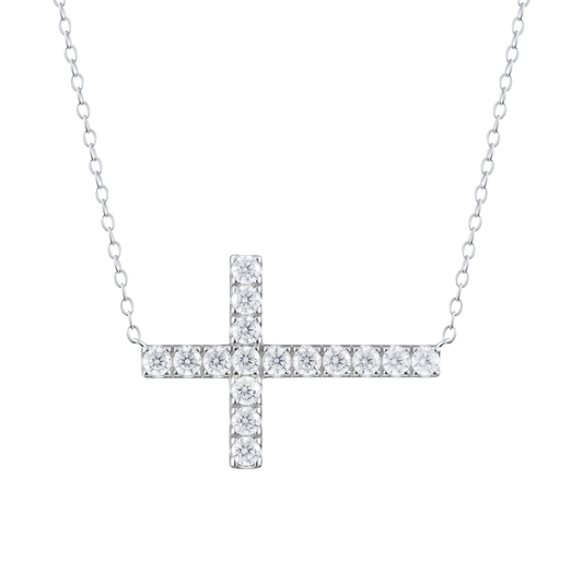 Sideways Pave Cross Necklace in 14K White Gold | Monte Luna