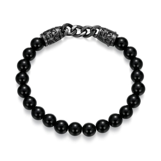 UB0097 - Dark Reign Chisel Rondelle Cuban Chain Black Agate Beaded Bracelet in Gunmetal - Plated Sterling Silver | ethos