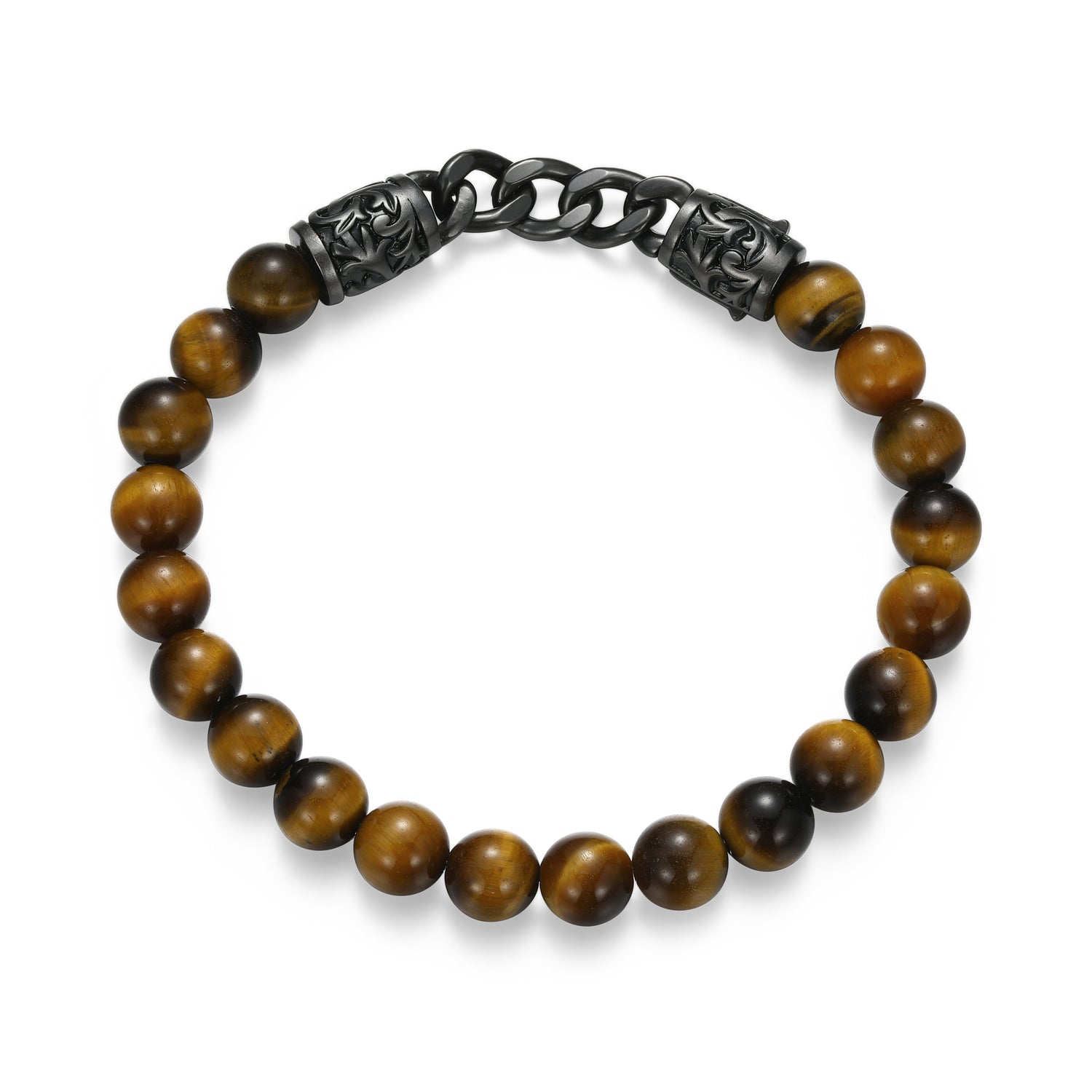 Dark Reign Chisel Rondelle Cuban Chain Tiger's Eye Beaded Bracelet in Gunmetal-Plated Sterling Silver | ethos
