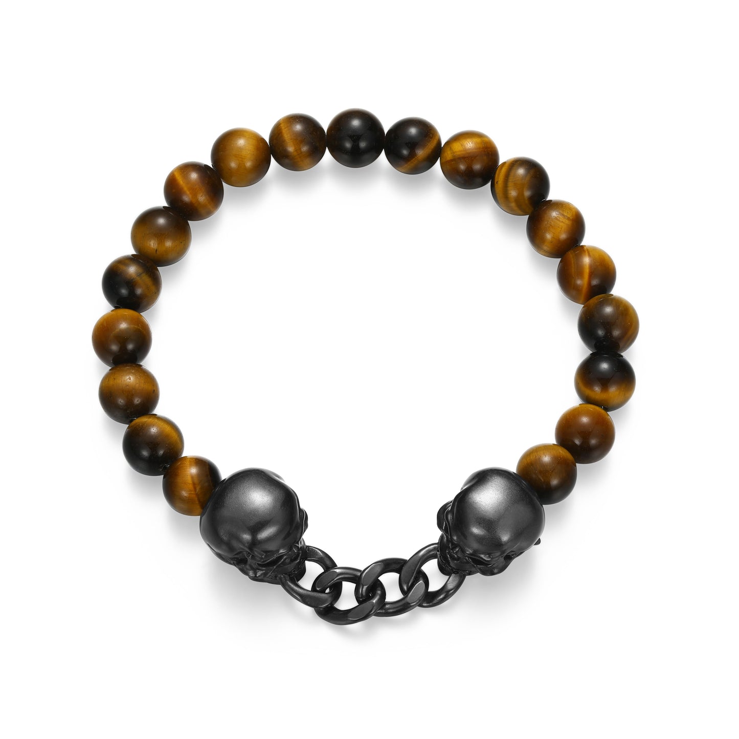 Dark Reign Skull Rondelle Cuban Chain Tiger's Eye Beaded Bracelet in Gunmetal-Plated Sterling Silver | ethos