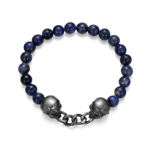 Dark Reign Skull Rondelle Cuban Chain Sodalite Beaded Bracelet in Gunmetal-Plated Sterling Silver | ethos