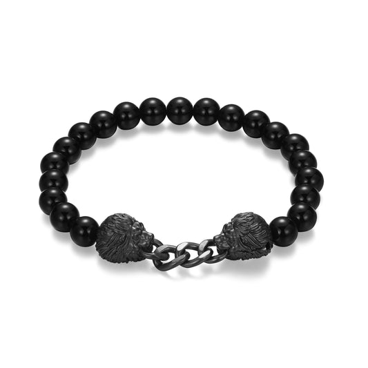 Dark Reign Lion Cuban Chain Black Agate Beaded Bracelet in Gunmetal-Plated Sterling Silver | ethos