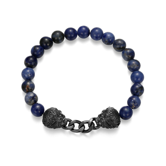 Dark Reign Lion Rondelle Cuban Chain Sodalite Beaded Bracelet in Gunmetal-Plated Sterling Silver | ethos