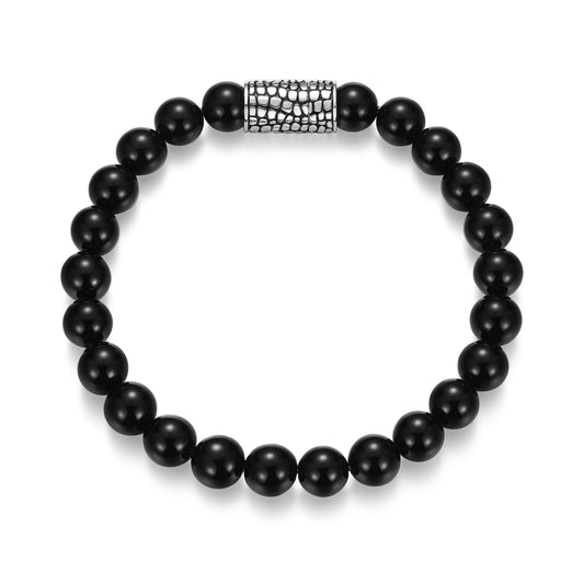 Reptile Design Magnetic Closure Black Agate Beaded Bracelet in Rhodium-Plated Sterling Silver | ethos