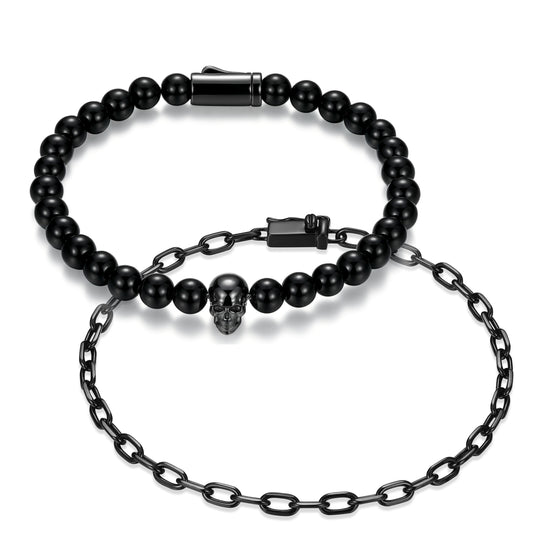 UB0107 - Skull Box Set Black Agate Bead & Faceted Cable Chain Bracelets in Gunmetal - Plated Sterling Silver | ethos