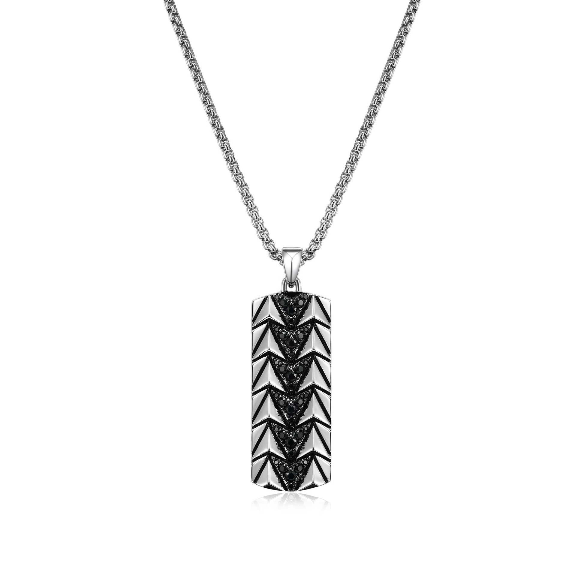 Chevron Rhodium and Gunmetal Sterling Silver and Black Sapphire Tag Necklace - UP07 | ethos