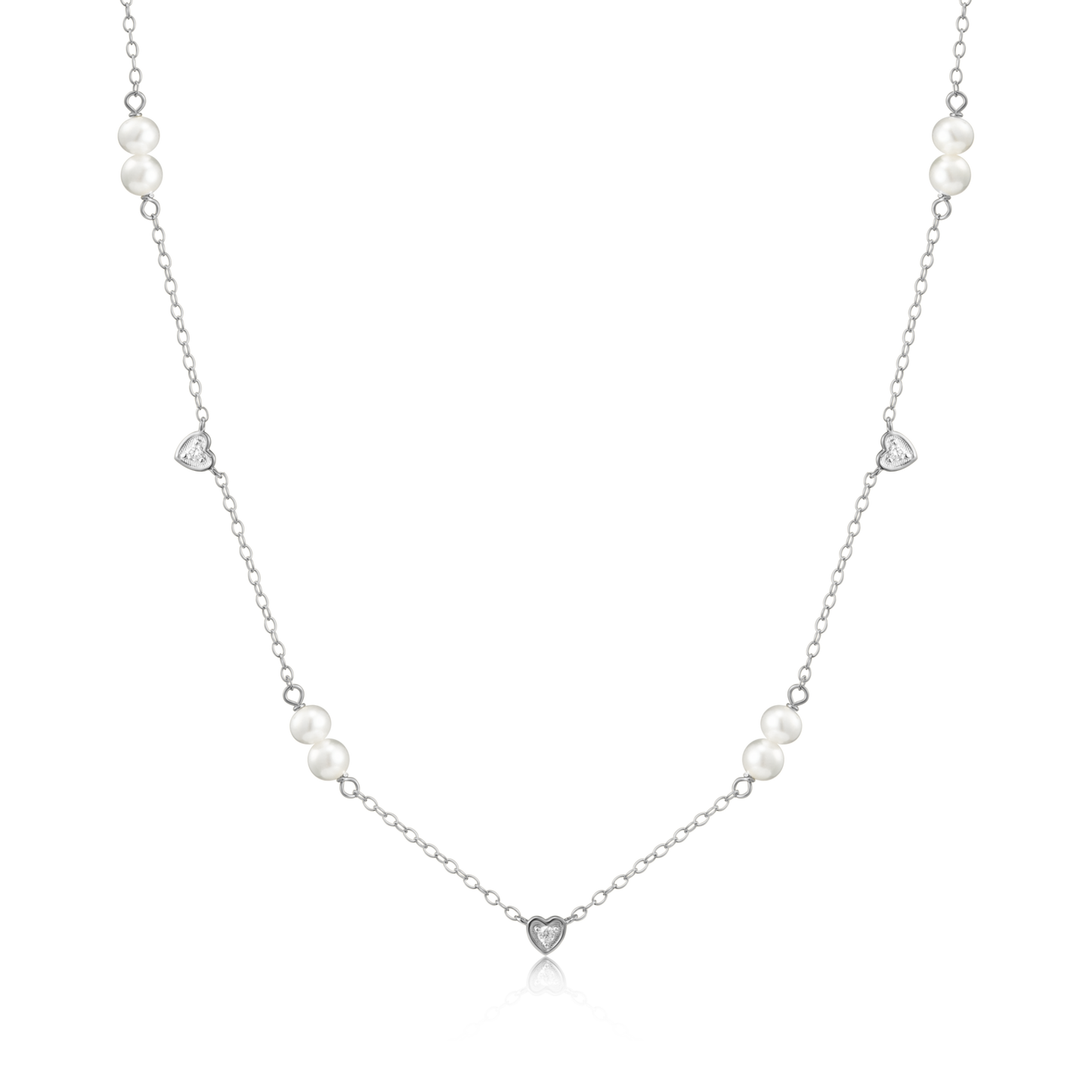 Hearts & Pearls Station Necklace in Rhodium-Plated Sterling Silver | M by Monte Luna