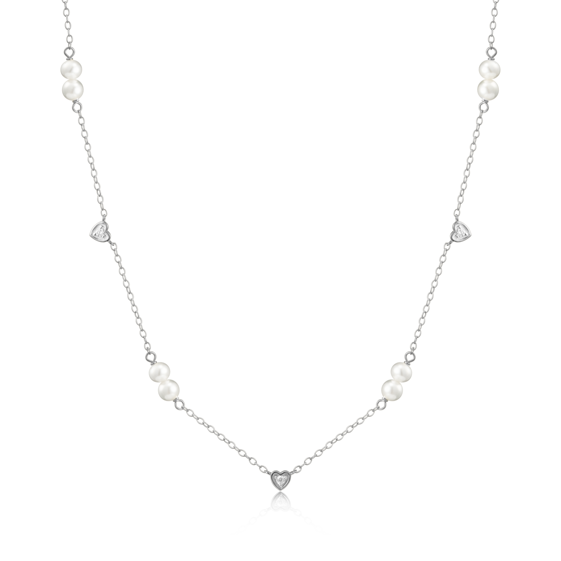 Hearts & Pearls Station Necklace in Rhodium-Plated Sterling Silver | M by Monte Luna