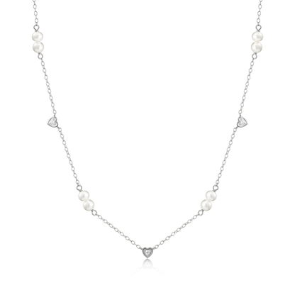 Hearts & Pearls Station Necklace in Rhodium-Plated Sterling Silver | M by Monte Luna