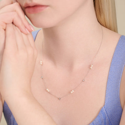 Hearts & Pearls Station Necklace in Rhodium-Plated Sterling Silver | M by Monte Luna