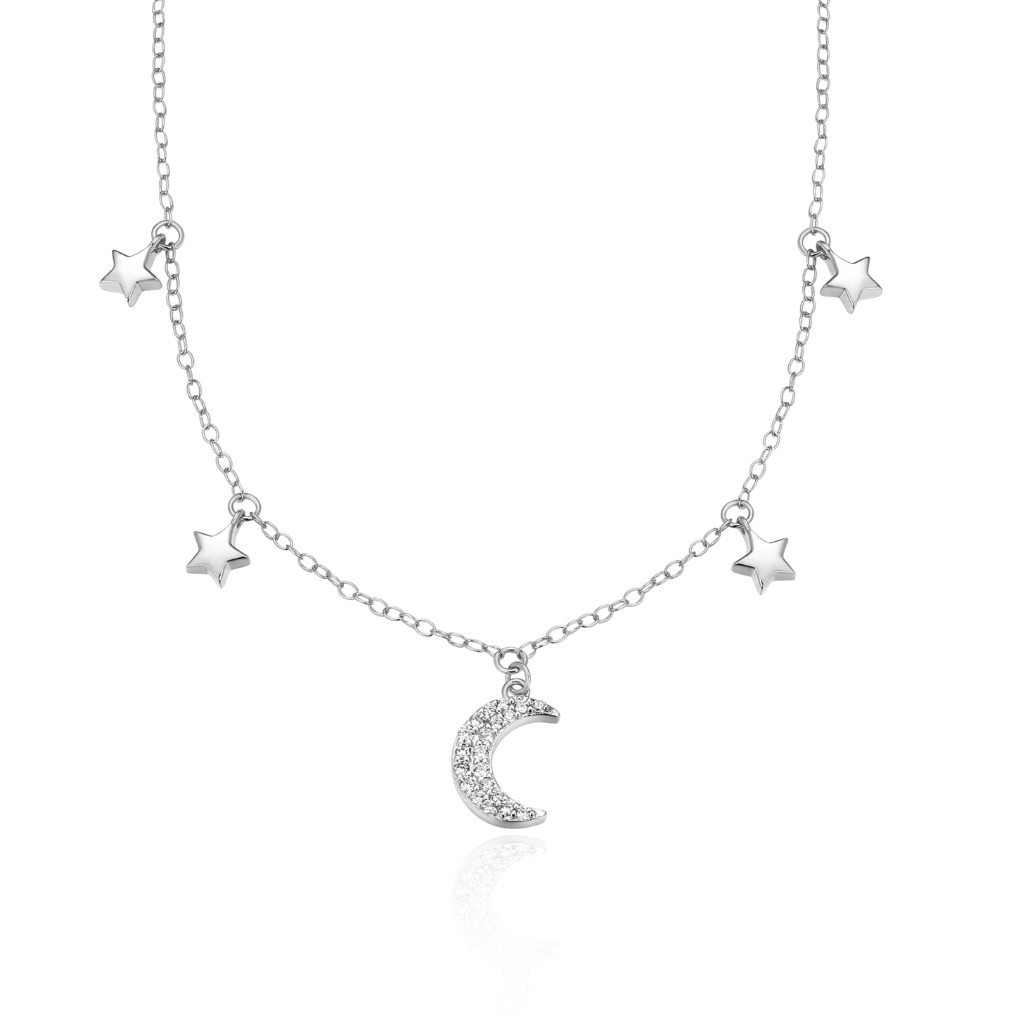 Dangling Moon & Stars Necklace in Rhodium-Plated Sterling Silver | M by Monte Luna