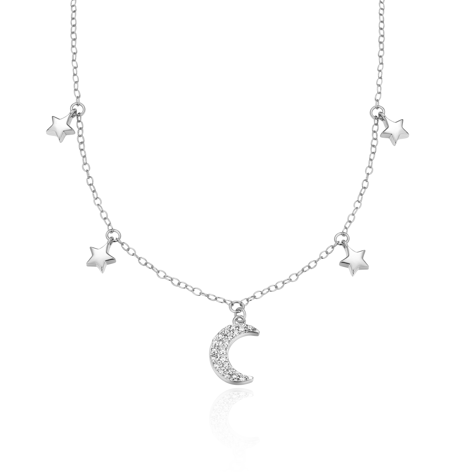 Dangling Moon & Stars Necklace in Rhodium-Plated Sterling Silver | M by Monte Luna