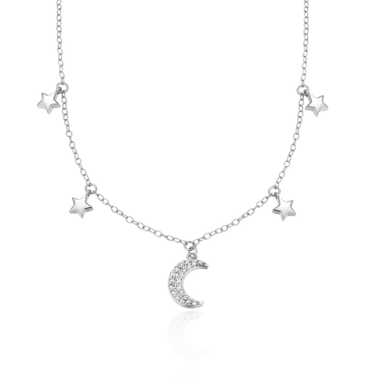 Dangling Moon & Stars Necklace in Rhodium-Plated Sterling Silver | M by Monte Luna