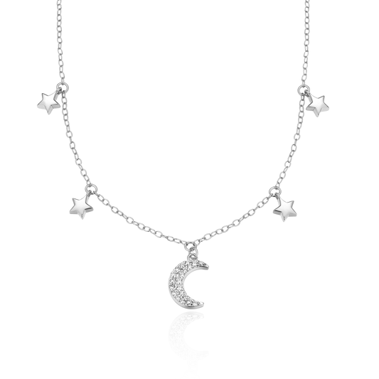 Dangling Moon & Stars Necklace in Rhodium-Plated Sterling Silver | M by Monte Luna