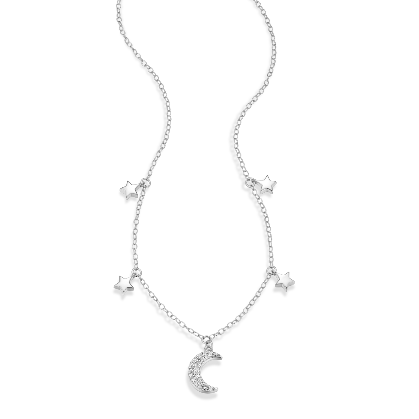 Dangling Moon & Stars Necklace in Rhodium-Plated Sterling Silver | M by Monte Luna