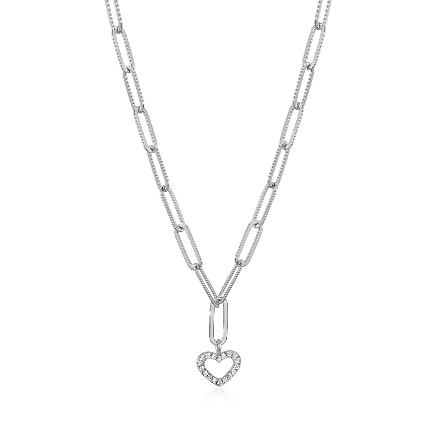 Open Heart Pendant Lab-Created Diamond Paperclip Necklace in Rhodium-Plated Sterling Silver | M by Monte Luna