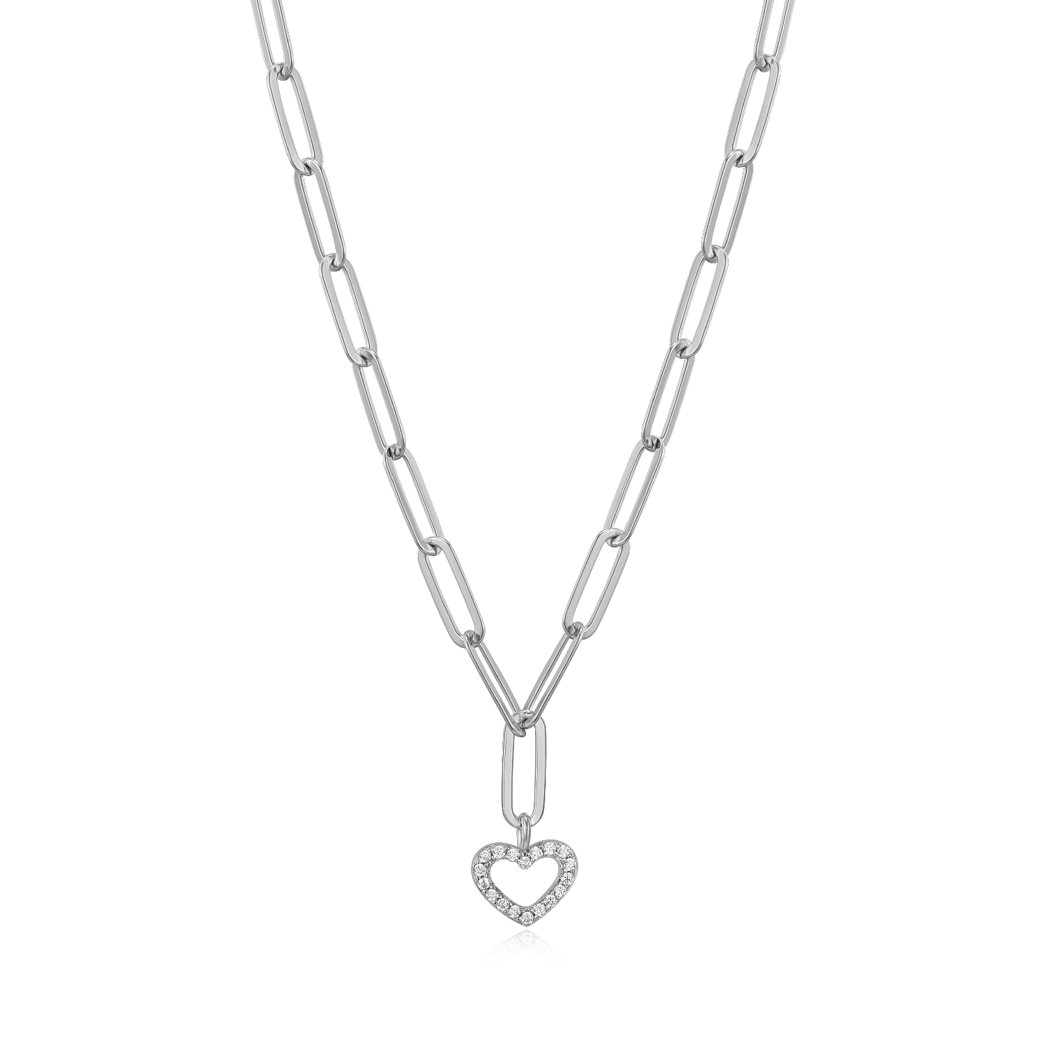 Open Heart Pendant Lab-Created Diamond Paperclip Necklace in Rhodium-Plated Sterling Silver | M by Monte Luna