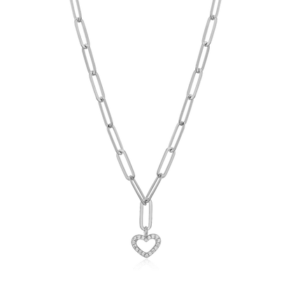 Open Heart Pendant Lab-Created Diamond Paperclip Necklace in Rhodium-Plated Sterling Silver | M by Monte Luna