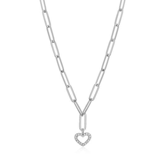 Open Heart Pendant Lab-Created Diamond Paperclip Necklace in Rhodium-Plated Sterling Silver | M by Monte Luna