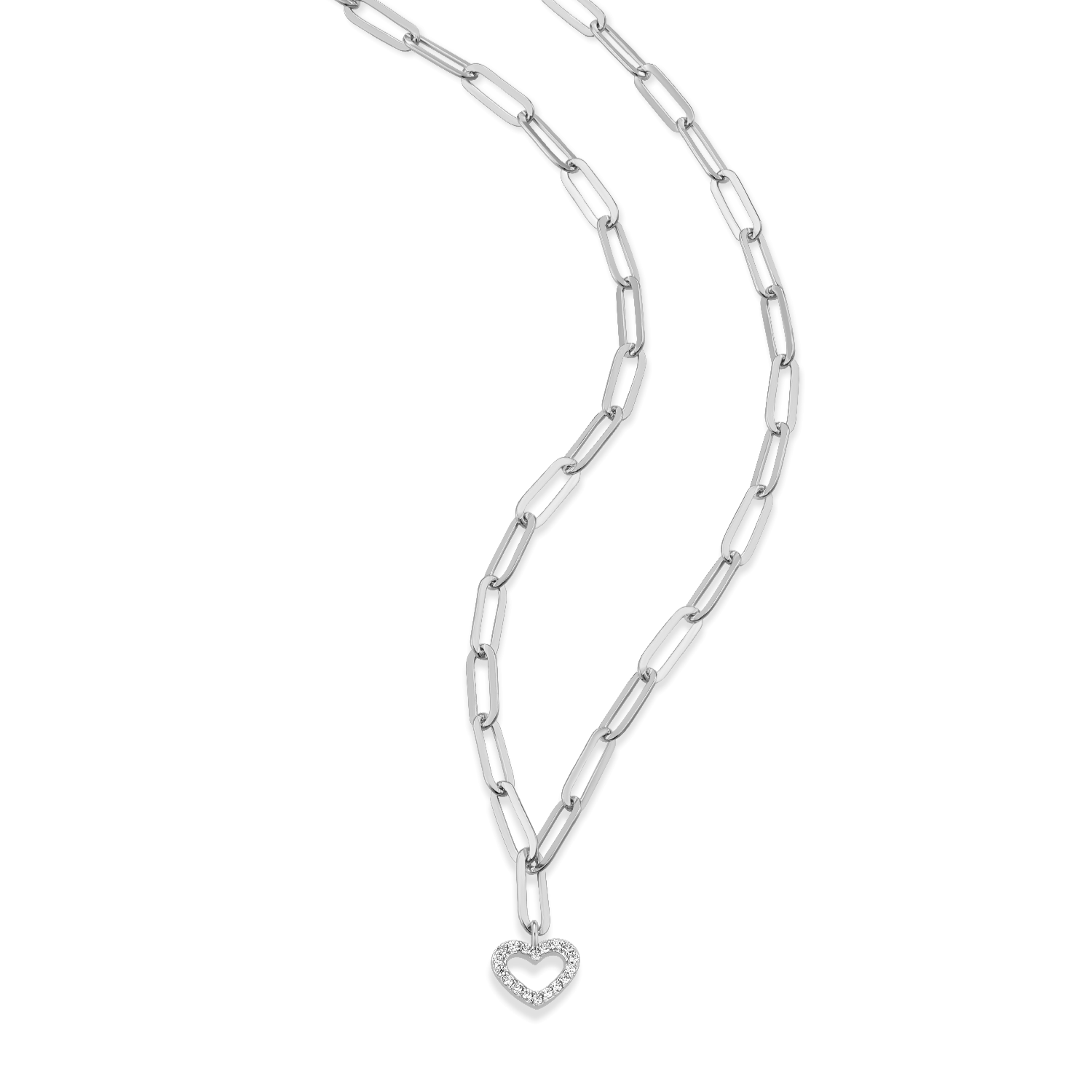 Open Heart Pendant Lab-Created Diamond Paperclip Necklace in Rhodium-Plated Sterling Silver | M by Monte Luna