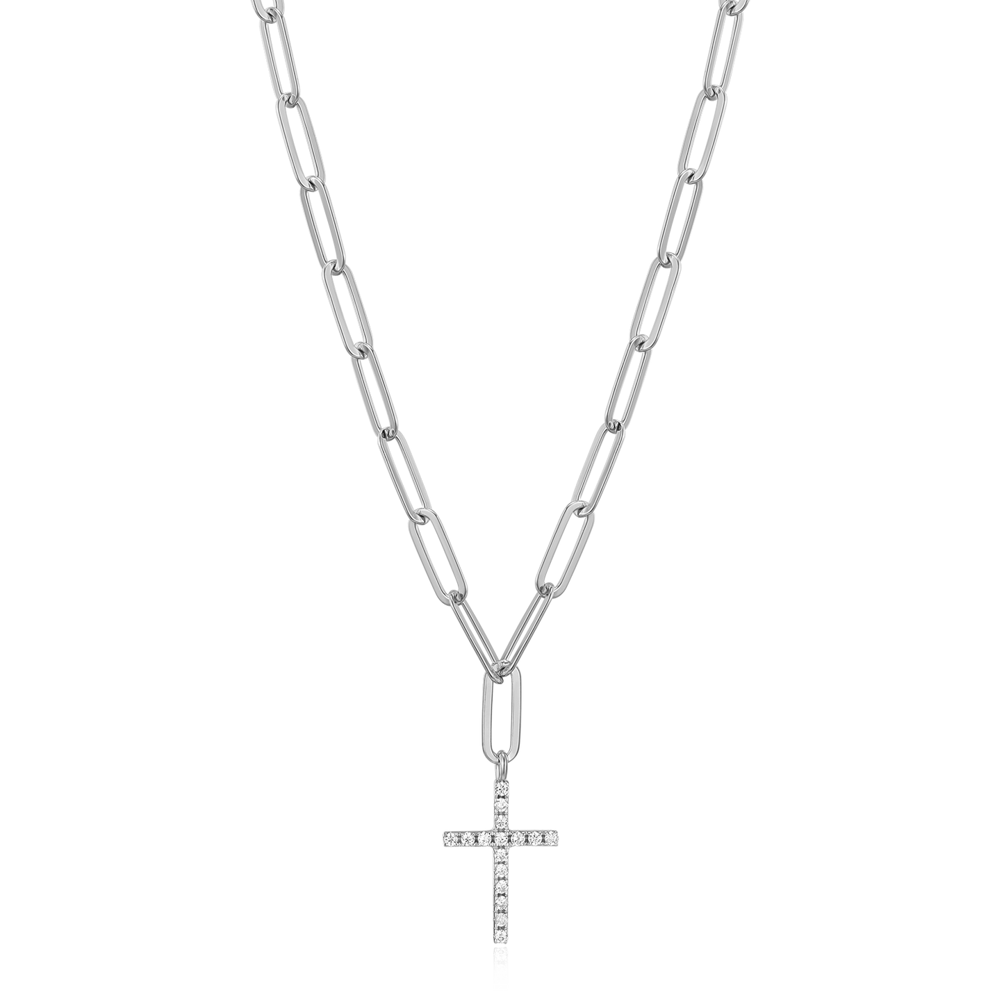 Cross Pendant Lab-Created Diamond Paperclip Necklace in Rhodium-Plated Sterling Silver | M by Monte Luna