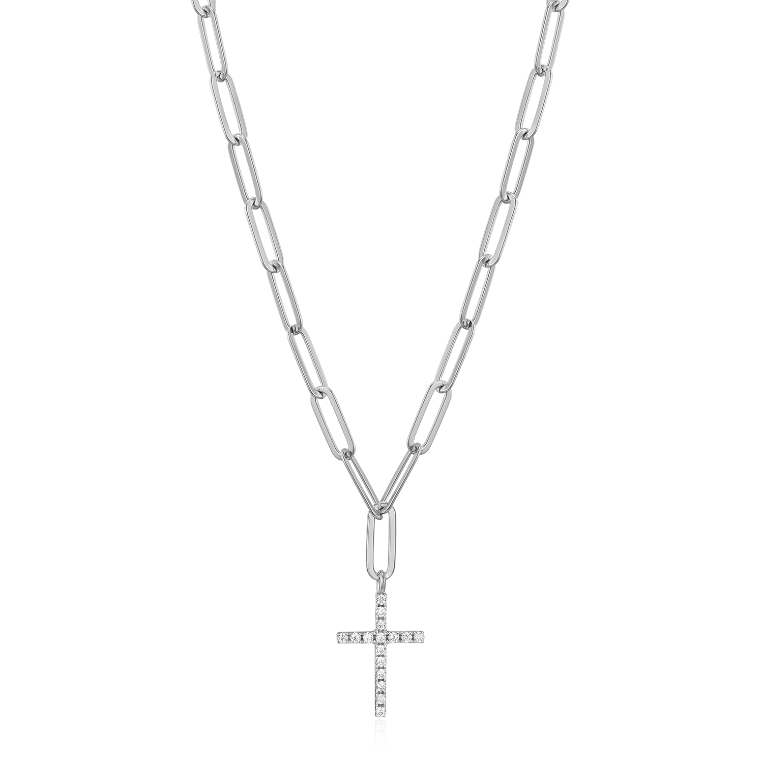 Cross Pendant Lab-Created Diamond Paperclip Necklace in Rhodium-Plated Sterling Silver | M by Monte Luna
