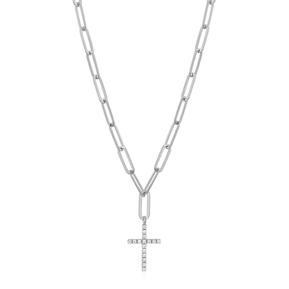 Cross Pendant Lab-Created Diamond Paperclip Necklace in Rhodium-Plated Sterling Silver | M by Monte Luna