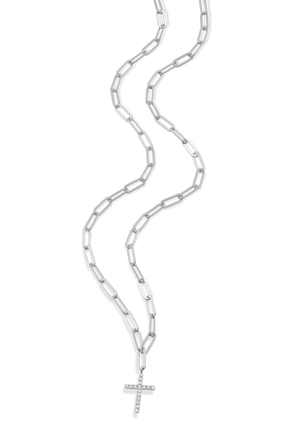 Cross Pendant Lab-Created Diamond Paperclip Necklace in Rhodium-Plated Sterling Silver | M by Monte Luna