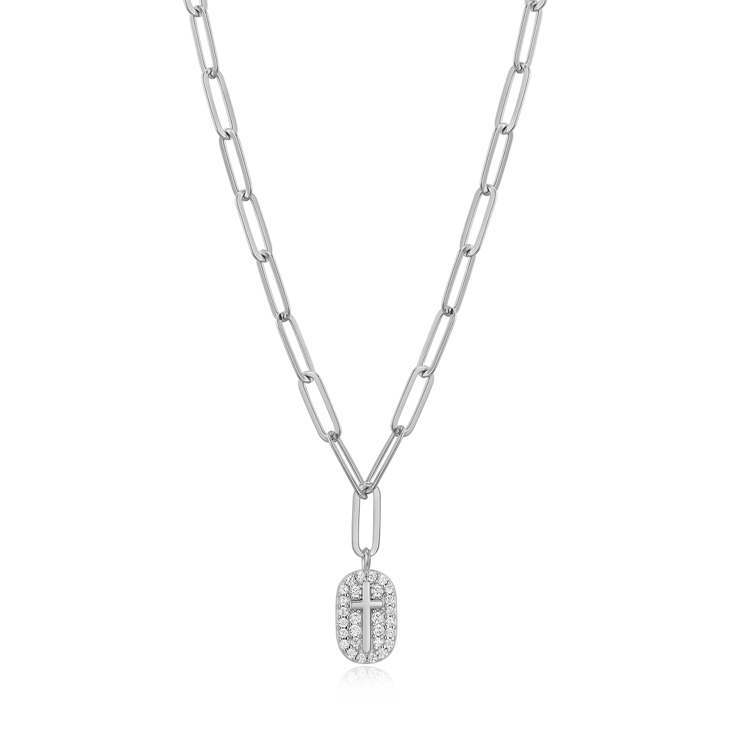 Cross Tag Pendant Lab-Created Diamond Paperclip Necklace in Rhodium-Plated Sterling Silver | M by Monte Luna