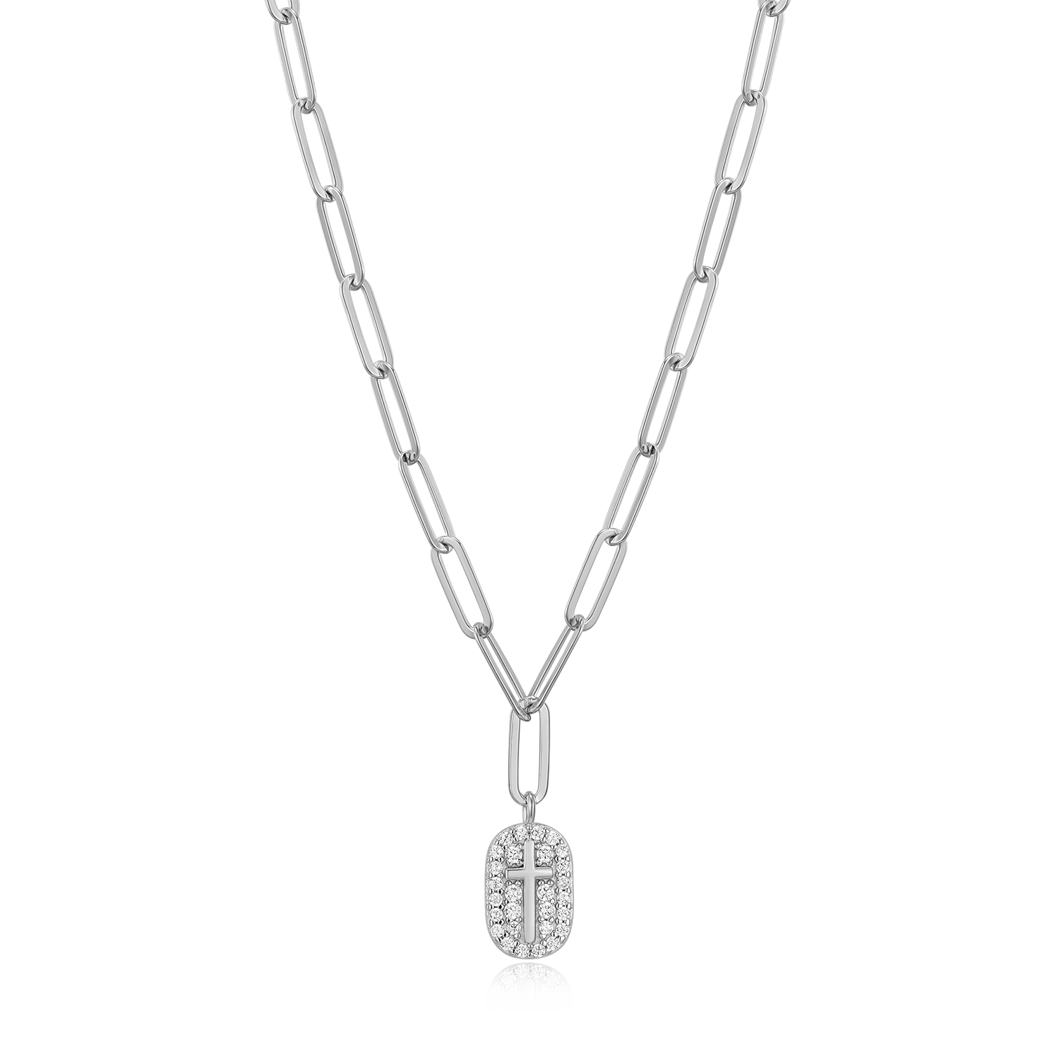 Cross Tag Pendant Lab-Created Diamond Paperclip Necklace in Rhodium-Plated Sterling Silver | M by Monte Luna