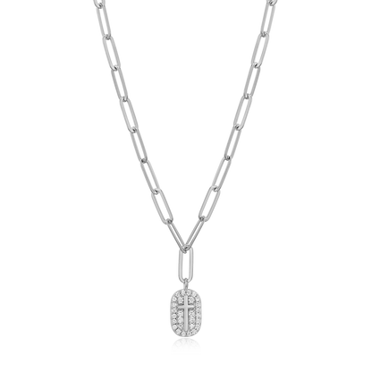 Cross Tag Pendant Lab-Created Diamond Paperclip Necklace in Rhodium-Plated Sterling Silver | M by Monte Luna