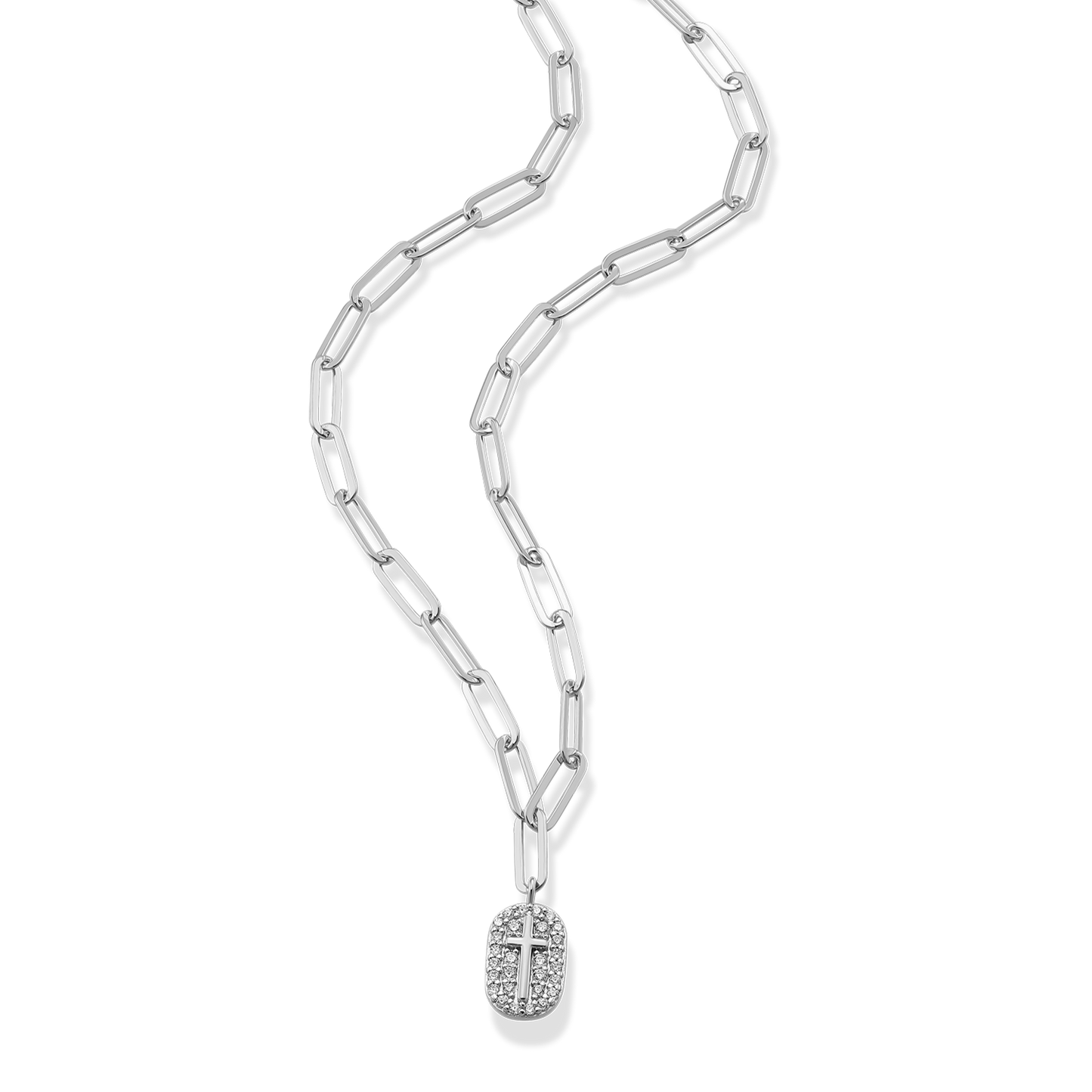 Cross Tag Pendant Lab-Created Diamond Paperclip Necklace in Rhodium-Plated Sterling Silver | M by Monte Luna
