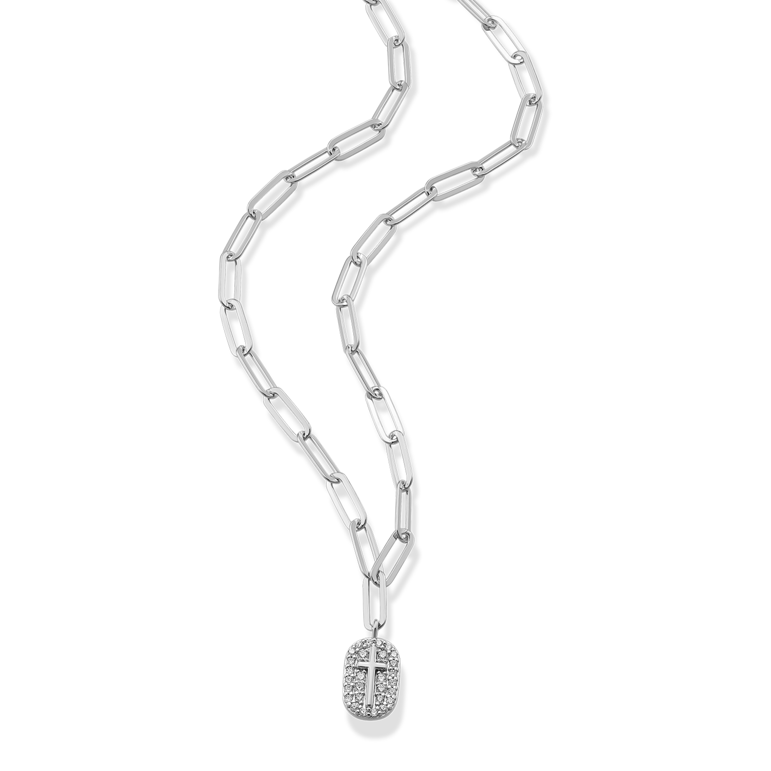 Cross Tag Pendant Lab-Created Diamond Paperclip Necklace in Rhodium-Plated Sterling Silver | M by Monte Luna