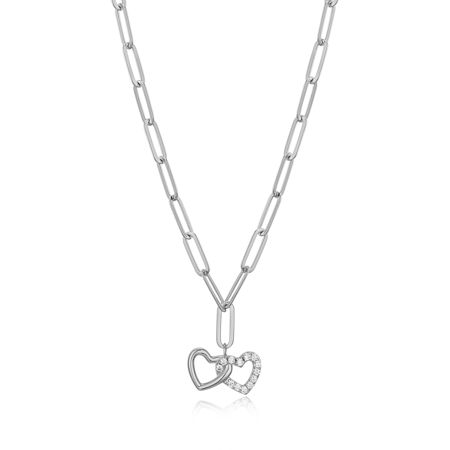 Twin Heart Pendant Lab-Created Diamond Paperclip Necklace in Rhodium-Plated Sterling Silver | M by Monte Luna