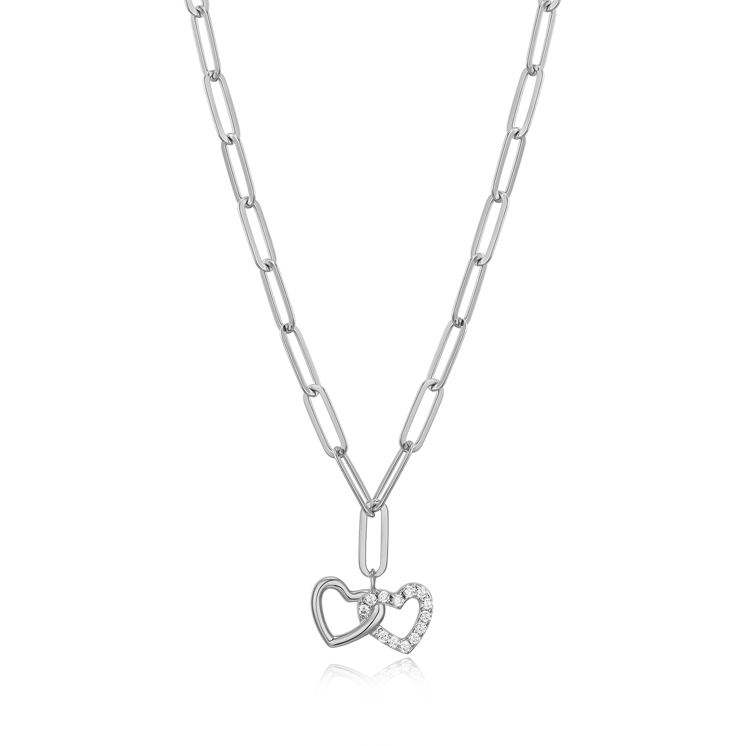 Twin Heart Pendant Lab-Created Diamond Paperclip Necklace in Rhodium-Plated Sterling Silver | M by Monte Luna