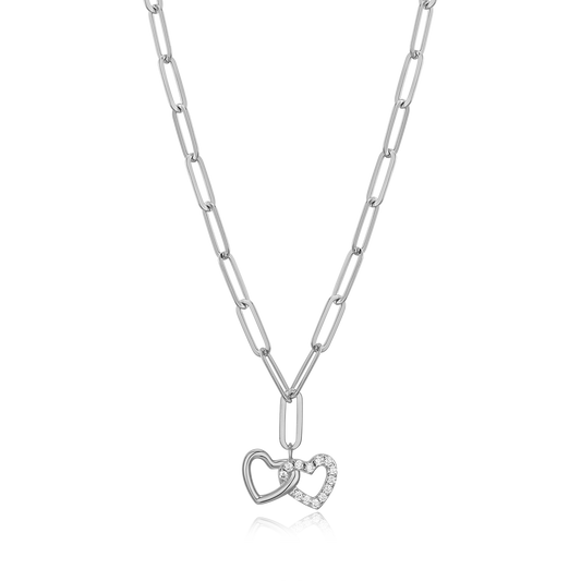 Twin Heart Pendant Lab-Created Diamond Paperclip Necklace in Rhodium-Plated Sterling Silver | M by Monte Luna