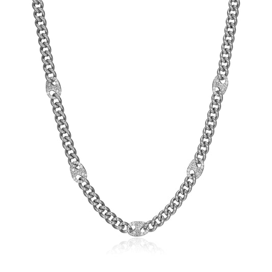 Links Lab-Created White Sapphire Mariner Station Cuban Chain Necklace in Rhodium-Plated Sterling Silver | ethos