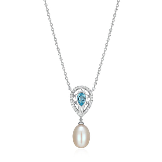 LN0298 - Pearl Meet Gem Blue Topaz & Freshwater Pearl Necklace | elle