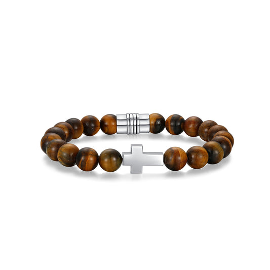 Strata Cross Matte Genuine Tiger Eye Beaded Bracelet - 8.75" | ethos