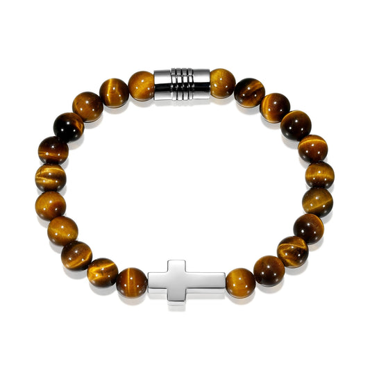 Strata Cross Genuine Tiger Eye Beaded Bracelet - 7.25" | ethos