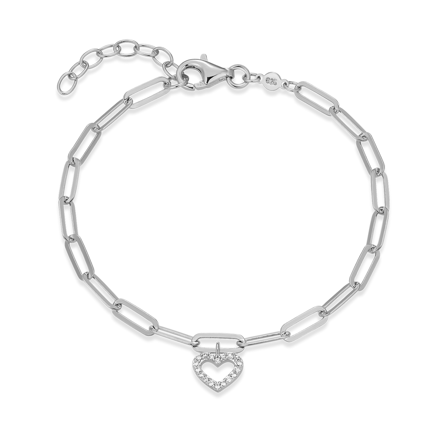 Open Heart Pendant Lab-Created Diamond Paperclip Bracelet in Rhodium-Plated Sterling Silver | M by Monte Luna